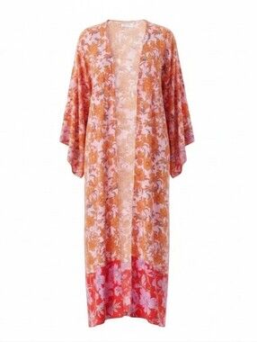 Jessica Simpson Long Line Floral Duster Kimono Sleeve Pink Orange Red Size S/M